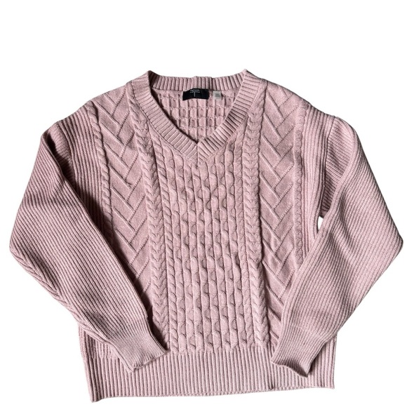 Tahari Soft Pink V-Neck Cable Knit Sweater - Picture 1 of 3